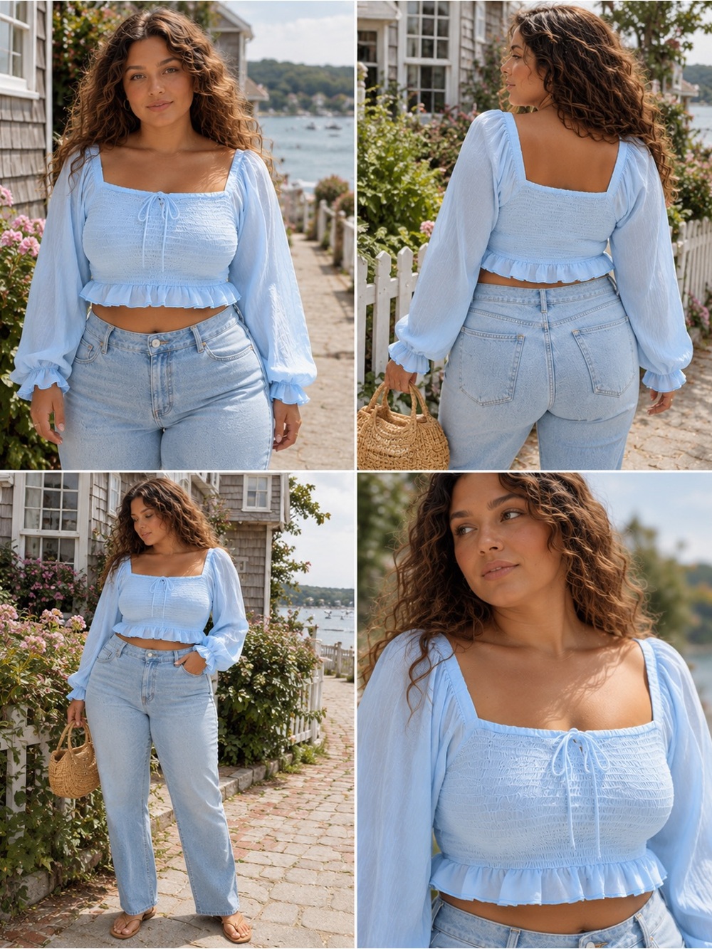 Celebrity Pink Blue Smocked Crop Top Large Cottagecore Balloon Sleeve Peasant